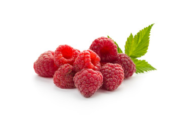  raspberries with leaf isolated on a white background