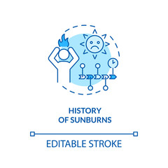 History of sunburns concept icon. Ultraviolet radiation burn. Severe skin disorders. Sunburned skin idea thin line illustration. Vector isolated outline RGB color drawing. Editable stroke