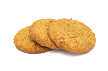 Delicious and toasted vanilla cookies on white background.