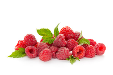  raspberries with leaf isolated on a white background