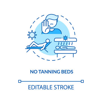 No Tanning Beds Concept Icon. Skin Cancer Prevention. Sunbathing. Solarium Machine Indoor Tanning Risks Idea Thin Line Illustration. Vector Isolated Outline RGB Color Drawing. Editable Stroke