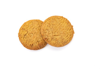 Delicious and toasted vanilla cookies on white background.