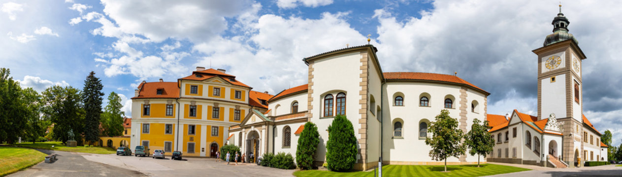 Zbraslav, Czech Republic- 24.08.2020: Church of St. Jacob the Elder and castle in Zbraslav, Prague, Czech republic