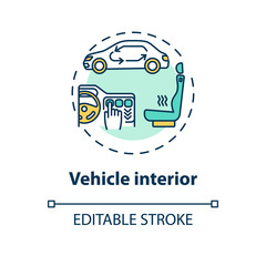 Vehicle interior concept icon. Comfort auto idea thin line illustration. Car interior parts. Door panels, lighting, upholstery, heater. Vector isolated outline RGB color drawing. Editable stroke