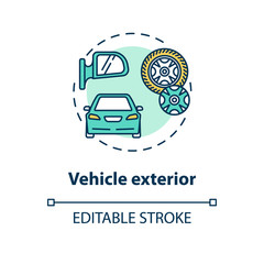 Vehicle exterior concept icon. Chrome tream, wheels, windows, tyres, exterior paint. Car visible components idea thin line illustration. Vector isolated outline RGB color drawing. Editable stroke