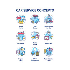 Car service concept icons set. Interim, manufacturer services, oil change, fluids check, battery test idea thin line RGB color illustrations. Vector isolated outline drawings. Editable stroke