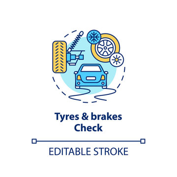 Tyres and brakes check concept icon. Squealing brakes, pulsating pedal, burn out brake light inspection idea thin line illustration. Vector isolated outline RGB color drawing. Editable stroke
