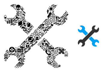 Mosaic wrenches from health care icons and basic icon. Mosaic vector wrenches is composed from health care items. Flat design elements for clinic projects. Illustration is based on wrenches pictogram.