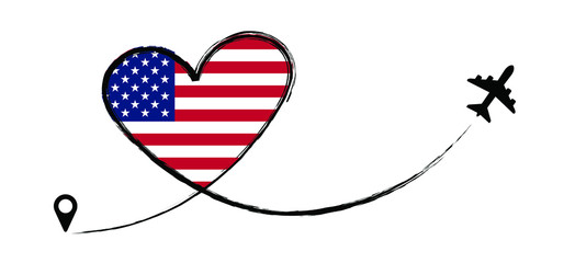 Flag Amerika, USA, VS. Love Romantic travel airplane line path of air plane flight route with start point icon. Air plane flying. Vector fly pin location pointer route, trace and track sign. 