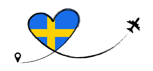 Flag Sweden, Sverige. Love Romantic travel airplane line path of air plane flight route with start point icon. Air plane flying. Vector fly pin location pointer route, trace and track sign. 