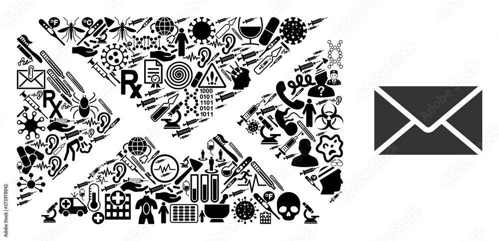 Poster mosaic mail envelope with medic symbols and basic icon. mosaic vector mail envelope is designed with