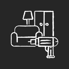 Furniture installation chalk white icon on black background. Screwing wardrobe. Household. Screwdriver. House maintenance. Furniture assembly service. Isolated vector chalkboard illustration