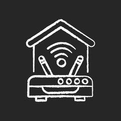 Internet connection chalk white icon on black background. Wi Fi router with two antennas. Home internet access. Wireless network. Home improvements. Isolated vector chalkboard illustration