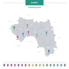 Guinea map with location pointer marks. Infographic vector template, isolated on white background.