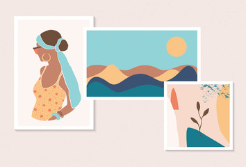 Modern wall art gallery,abstract art set.Vector portrait of a girl and natural landscape.These trendy illustrations are for invitations,cards,wallpaper,packaging,branding,web sites,social media etc.