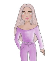 Woman in a stylish purple outfit. Cute blonde girl portrait. Fashion sketch in a cartoon style.