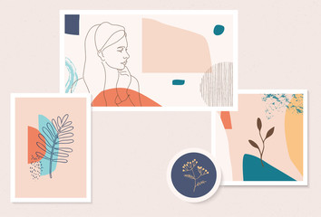 Modern wall art gallery,abstract art set.Vector portrait of a girl and natural landscape.These trendy illustrations are for invitations,cards,wallpaper,packaging,branding,web sites,social media etc.