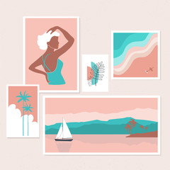 Modern wall art gallery,abstract art set.Vector portrait of a girl and natural landscape.These trendy illustrations are for invitations,cards,wallpaper,packaging,branding,web sites,social media etc.