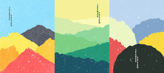 Vector illustration landscape. Wood surface texture. Rocks, meadow, mountain sunset scene. Line wave pattern. Mountain background. Asian style. Design for poster, book cover, web template, brochure.