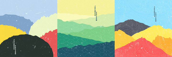 Vector illustration landscape. Japanese wave pattern. Mountain background. Asian style. Sunset scene. Sea backdrop. Design for social media wallpaper, blog post template. Old paper with scratches