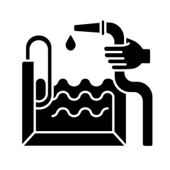 Pool construction black glyph icon. Outdoor recreational facilities. Home improvements. Swimming pool installation, filling with water. Silhouette symbol on white space. Vector isolated illustration