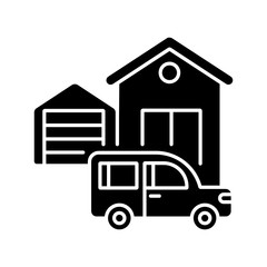 Garage building black glyph icon. Car storage. Home improvements. House facade with modern residential garage and car. Silhouette symbol on white space. Vector isolated illustration