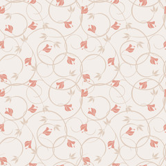 Vintage floral seamless pattern. Vector ornament with curly twigs, leaves, branches, flowers, buds. Simple floral wallpapers. Subtle background in pastel colors, pink and white. Elegant repeat design
