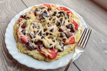 Fresh cheese pizza with mushrooms on the table, Italian traditional appetizer.