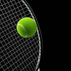 Tennis racket with ball on black background