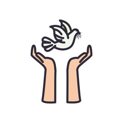 dove over hands line and fill style icon vector design