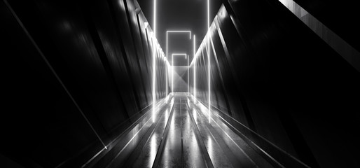 Sci Fi Modern Neon Laser Tunnel Corridor White Glowing Metal Reflecting Floor Concrete Walls Futuristic Underground Room Garage Empty Background Arc Lights 3D Rendering