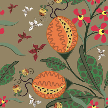 Vector seamless pattern with hand drawn exotic flowers, leaves, butterflies. Colorful tropical texture. Doodle style background with painted elements. Repeat design for tileable print, wallpapers
