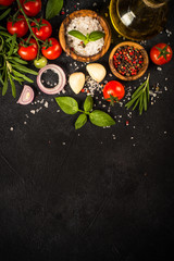 Food cooking background at black top view.