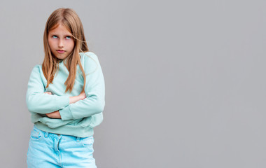 Close up photo beautiful her she lady impolite facial expression do not want listen morals teaching mother mom parents roll eyes up empty space isolated on gray background