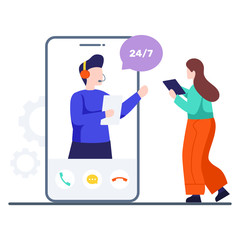 
24/7 online support for consultation, flat vector design
