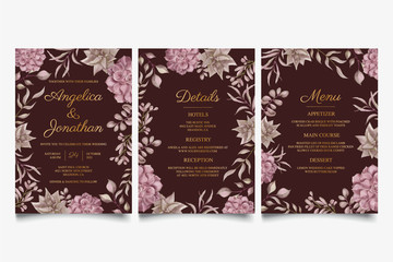 Romantic floral wedding invitation and menu template