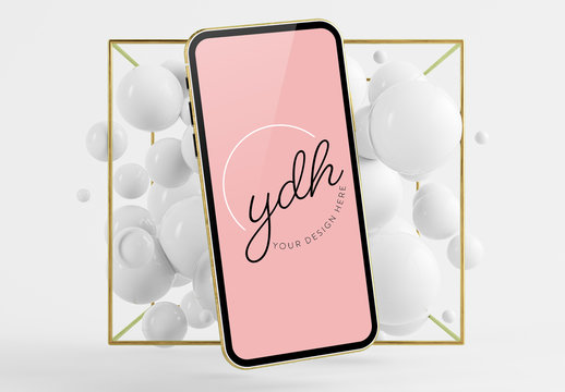 Gold Smartphone Mockup with Surreal Bubbles Background