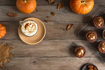 Autumn Breakfast with Pumpkin Latte and Muffins