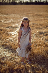 Obraz premium girl child in a dress and a wreath on her head stands on a mown field