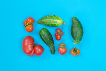 Natural organic chemical free ugly misfits vegetables red tomato and green cucumbers on blue...