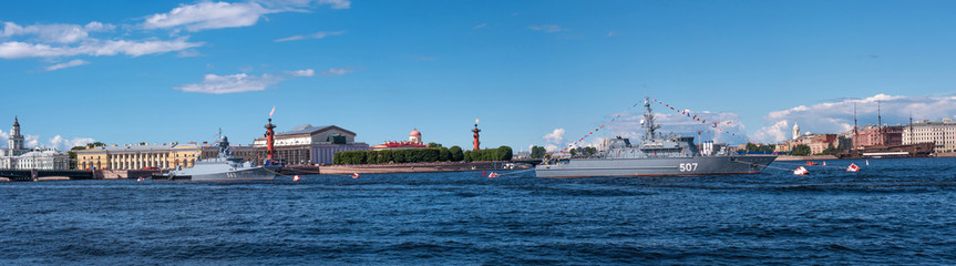 Marine parade in St. Petersburg. Panorama. Warships in the roadstead. Warships on the Neva in the center of St. Petersburg. Panaroma of the city of St. Petersburg.