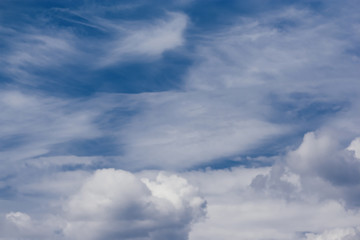 Beautiful clear pieceful blue sky with clouds and sun