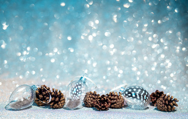 Merry Christmas background. Blue christmas balls. blue christmas background with glitter