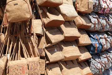 Cork bags and traditional fabric backpacks, Portugal