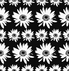 Floral botanical graphic retro vintage decorative seamless black and white pattern, daisies chamomile flowers on black background 