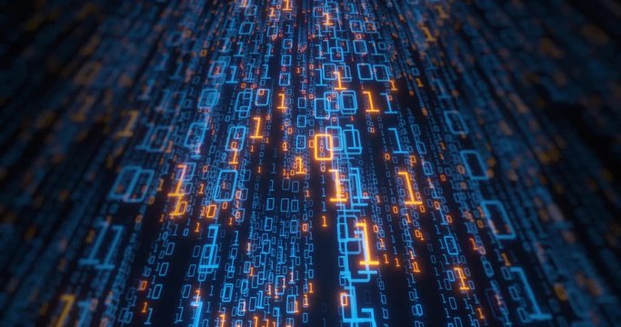 Binary code flowing down screen at angle. Abstract visual of computer data, downloading from internet.  data flowing in computer system. 4K seamless loop,  3D render.