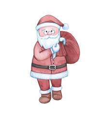 Santa Claus watercolor walking with a bag of gifts isolated on a white background. Christmas.