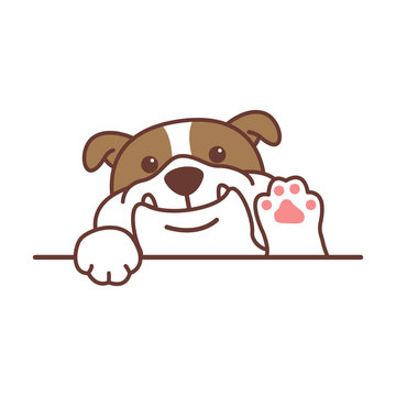 Cute english bulldog waving paw cartoon, vector illustration
