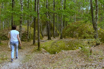 girl walks towards huge boulders covered with ancient moss in a green forest
