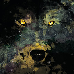 Nebula in wolf shape on night sky. The wolf has a penetrating gaze. © Agata